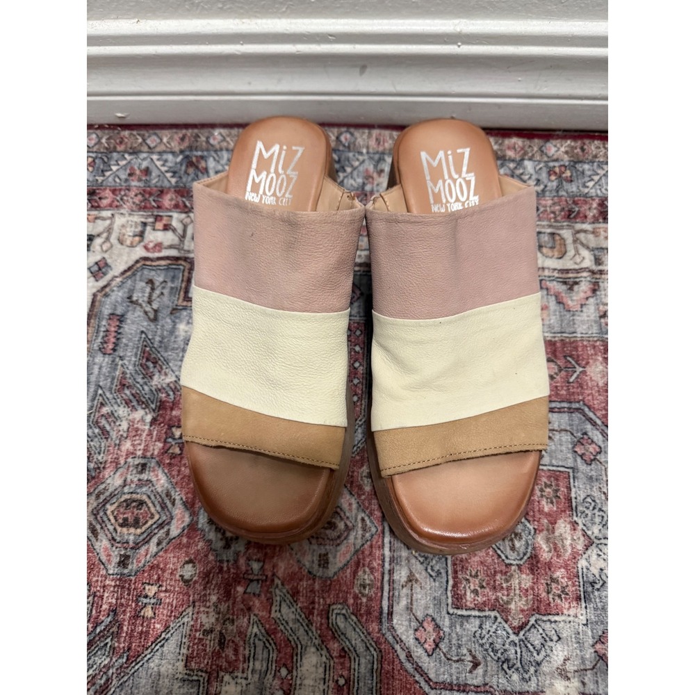 Miz Mooz Gianna Leather Platform Wedge Slide Sandals Pink Cream Tan Size 39or 8‎